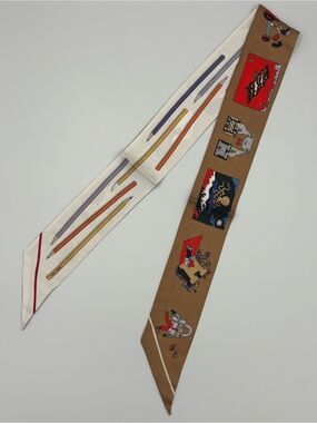 Hermes A Vos Crayons et Carre Libre Twilly Scarf Brown Multicolor Silk